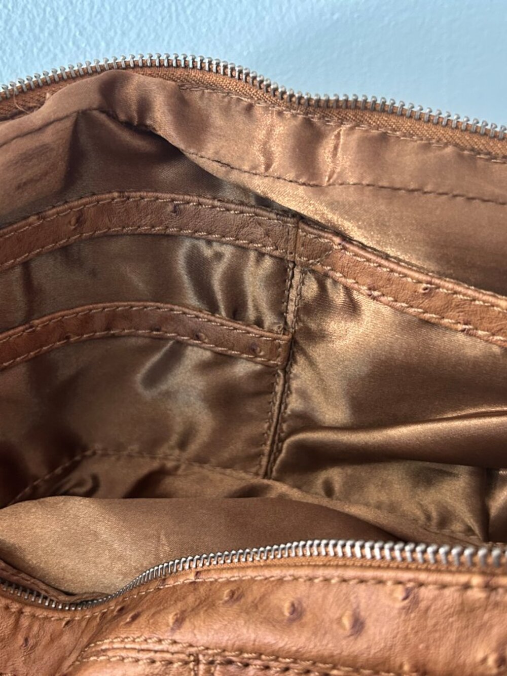 Guess Vintage Y2K Ostrich Embossed Faux Leather Satchel Purse Cognac Brown - Picture 8 of 14